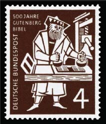 Figure 5.1 – Modern stamp commemorating the printing of the Gutenberg Bible (“DBP 1954 198 Gutenberg” scanned by NobbiP. Licensed under Public Domain via Wikimedia Commons).